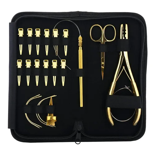 El kit de herramientas de extensión de cabello incluye 2 alicates para prensar microeslabones con microcuentas, 12 clips de seccionamiento, Dorado