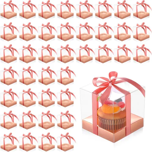 Miniatura 12 de Thenshop 50 cajas transparentes para cupcakes individuales de 3.5 pulgadas, contenedores de plástico individuales para cupcakes con insertos y Blanco