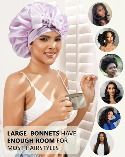Miniatura 6 de Gorras de satén de seda para mujeres, envoltura de cabello rizado para dormir, gorra reversible con banda de corbata, gorra de dormir de doble capa