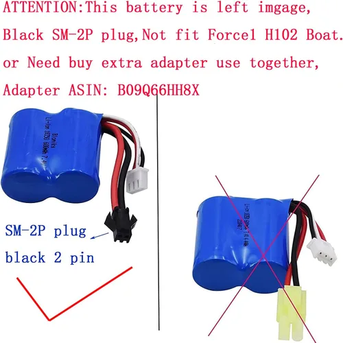 Miniatura 2 de Blomiky 2 baterías de león de 7.4 V 600 mAh 4.44 Wh con enchufe SM-2P negro de 2 pines adecuado para Skytech TKKJ Blue Boat H100 H102 H106 y H120 RC