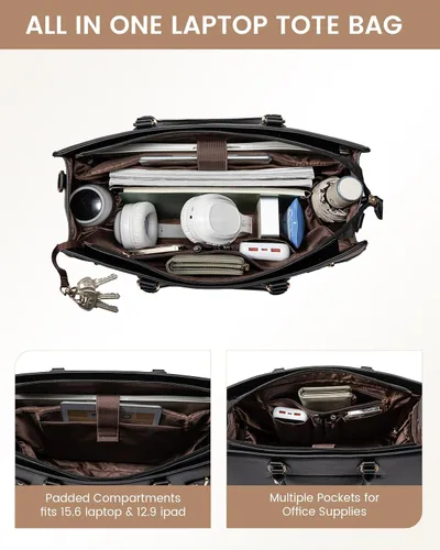 Miniatura 4 de LOVEVOOK Bolsa para laptop para mujeres, Bolsa tote grande de cuero PU de 15.6 pulgadas, Bolsa de trabajo profesional para maestras, Maletín