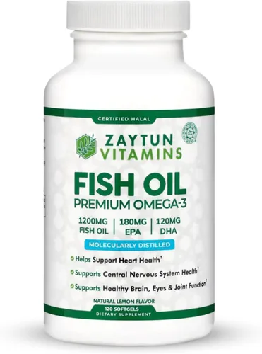 Zaytun - Aceite de pescado Halal de 1200 mg Omega-3, EPA/DHA premium, uno por día, apoyo diario para el bienestar, suministro de 4 meses, sabor a
