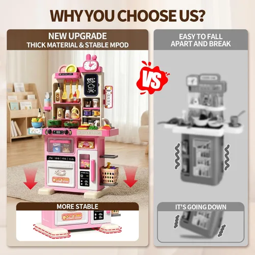 Miniatura 3 de Juego de cocina para niños de 33.8 pulgadas con sonido y luz, estufa de cocina con vapor, fregadero de juegos y accesorios de cocina de juguete, Rosa