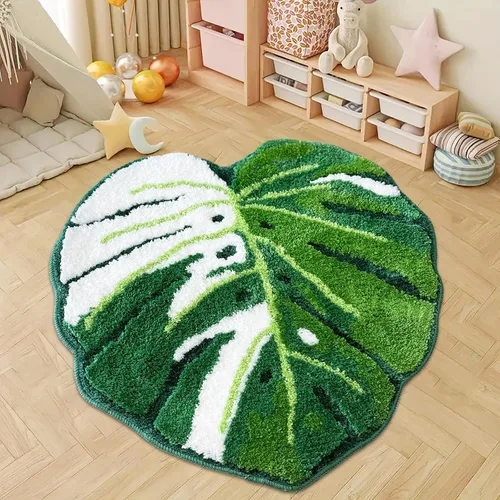 Sisher Alfombra de baño de hojas verdes, alfombra grande Monstera para niños, alfombra de hoja verde, antideslizante, cómoda alfombra para