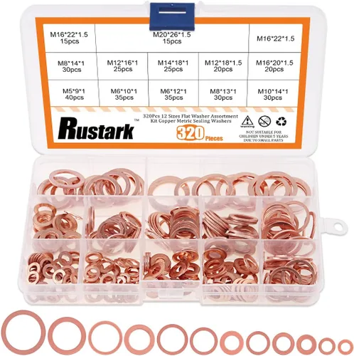 Kit surtido de 320 arandelas planas de cobre, arandelas métricas de sellado M5 M6 M8 M10 M12 M14 M16 M20 (12 tamaños)