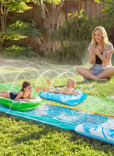 Miniatura 7 de JOYIN Tobogán acuático de 22.5 pies y 2 tablas inflables, tobogán acuático doble extra largo y resistente con aspersor para niños y adultos, juguete