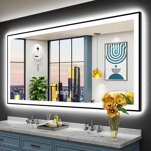Miniatura 60 de 30x36 Espejo de baño LED con luces, retroiluminado y luz frontal, espejo de tocador iluminado antivaho para pared de baño, 3 colores, regulable