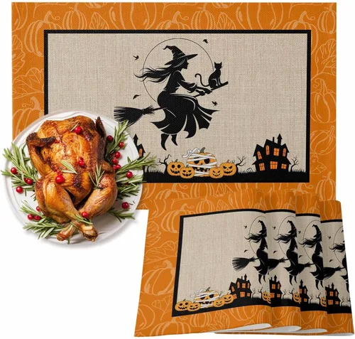 Miniatura 30 de Juego de 4 manteles individuales Boho de otoño, calabazas de acuarela para Acción de Gracias, resistentes al calor, lavables, para mesa, manteles