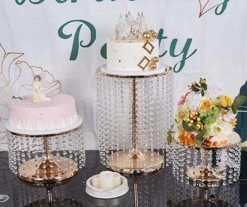 Miniatura 8 de Bigsee Juego de 3 soportes para pasteles dorados, soporte de pastel de metal con espejo, pedestal de pastel con colgantes de cristal y cuentas