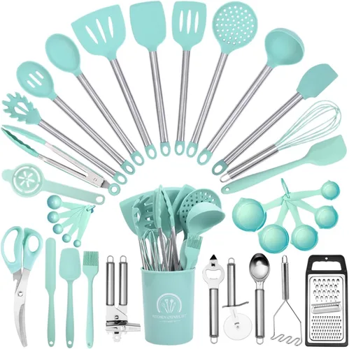 Miniatura 12 de Juego de 34 utensilios de cocina de silicona, resistentes al calor, aptos para lavavajillas, juego de espátulas con mango de acero inoxidable