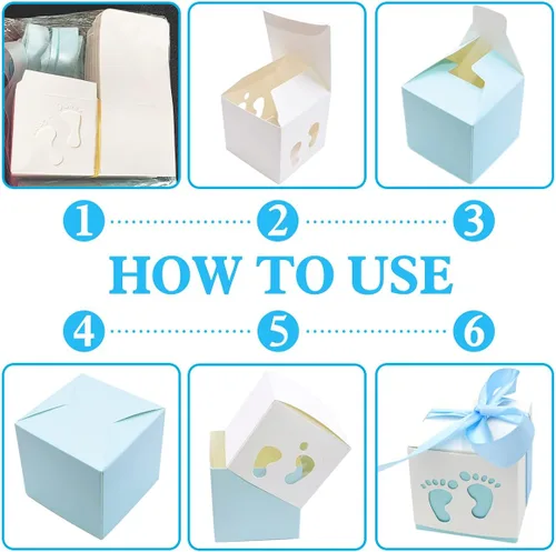 Miniatura 3 de 50 cajas de recuerdo de fiesta de baby shower, 2.4 x 2.4 pulgadas, pequeñas cajas de regalo de dulces, diseño de huellas para niños, cumpleaños, Azul