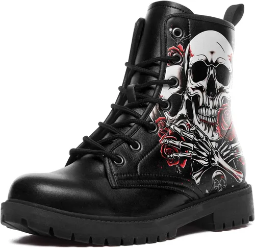 Miniatura 8 de Botas de combate negras personalizadas para mujer, con lazada, estilo cráneo y rosa, botas de tacón grueso y plataforma de cuero