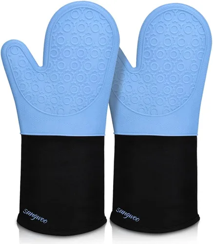 sungwoo Guantes de horno de silicona extralargos, resistentes al calor, con forro acolchado, agarre texturizado antideslizante, perfectos para Azul