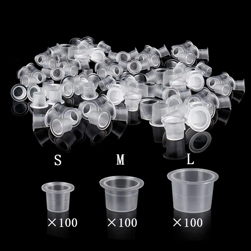 UPTATSUPPLY Tazas de tinta de tatuaje, 300 unidades, tamaño mixto, pigmento de maquillaje permanente, transparente, tapa de contenedor, accesorio de