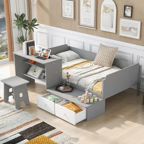 Miniatura 18 de Cama de plataforma de madera de tamaño individual con cabecero y estribo en forma de oso, sin ruido, para niños, adolescentes, niños y niñas,
