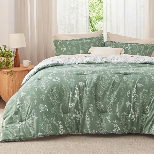 Miniatura 19 de Bedsure - Juego de edredón tamaño King, juego de ropa de cama verde salvia, 3 piezas de ropa de cama floral bonita, 1 edredón reversible suave