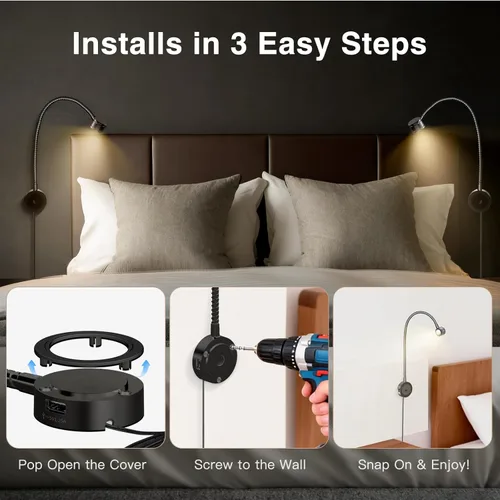 Miniatura 7 de VST Luz de lectura de cama montada en la pared, lámpara de lectura de cabecera con certificación ETL, luz de cabecera regulable táctil con puertos