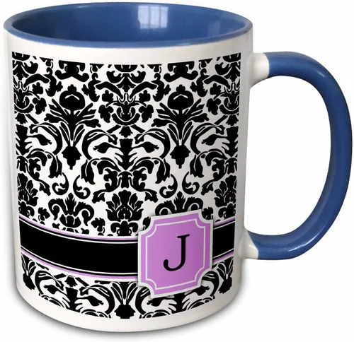 Miniatura 9 de 3dRose Letra personalizada con diseño de damasco blanco y negro con monograma, inicial personal en J - Taza negra de dos tonos, 11 onzas, 11 onzas