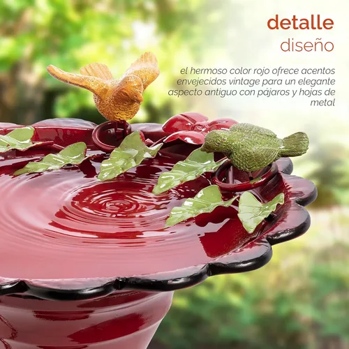 Miniatura 6 de Alpine Corporation - Baño de pájaros de metal para exterior de 28" de alto con estatua de jardín de ardillas y hojas, rojo – Impresionante acento