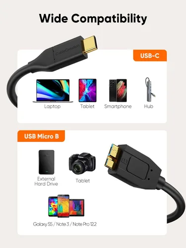 Miniatura 5 de CableCreation Cable corto USB C a Micro B de 1 pie, 10G Micro B a USB C, cable de disco duro externo para iPhone 15/16/17, Samsung Galaxy S24, Negro