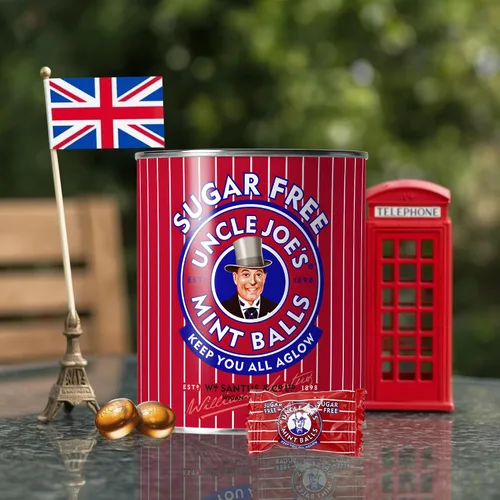 Miniatura 6 de Uncle Joe's Bolas de menta sin azúcar Latas de caramelo duro británico Cocidas a mano en fuego abierto Sin gluten y vegano Envueltas