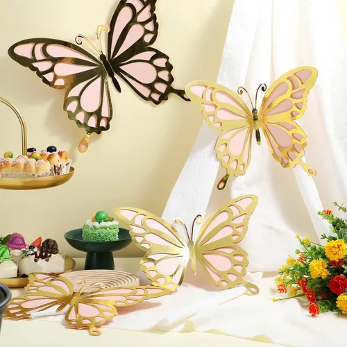 Miniatura 4 de Geyee 12 piezas de decoración de fiesta de mariposa grande 3D de 12 pulgadas, 10 pulgadas, centros de mesa de mariposa grandes para mesas, baby Oro