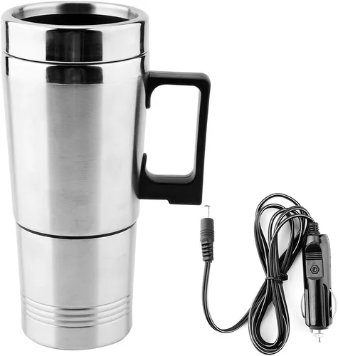 Acouto Hervidor eléctrico para automóvil de 12 V, 11.8 fl oz + 5.1 fl oz, acero inoxidable, enchufe para automóvil, hervidor eléctrico, café, té,