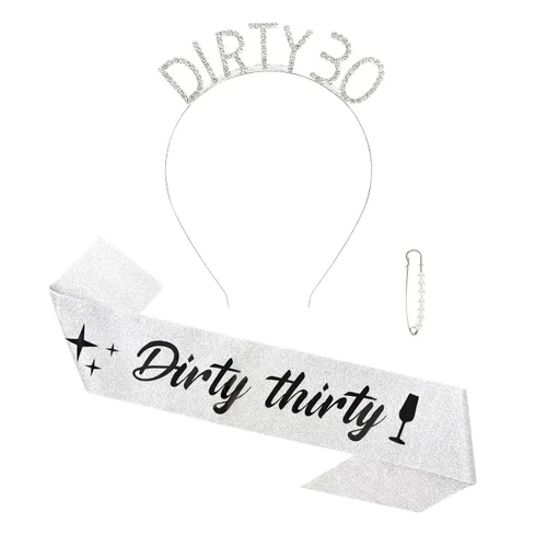 Semato Kit de diadema plateada para cumpleaños número 30 con banda y diamantes de imitación sucios de 30 cumpleaños para ella plateado