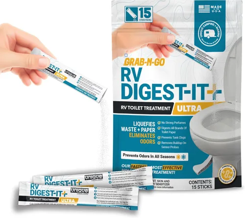 Miniatura 13 de Unique RV Digest-It+ Cápsula de Tratamiento para Inodoro de Autocaravana Extra Fuerte - Licúa los Desechos y Todas las Marcas de Papel Higiénico