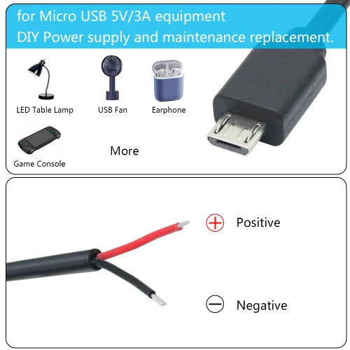 Miniatura 6 de Cable micro USB macho a 2 pines de 3 pies, cable USB de 2 pines, cable de alimentación de extremo abierto, fácil soldadura 5V/3A,