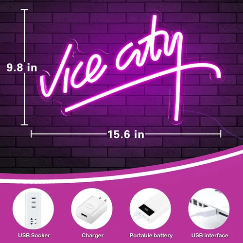 Miniatura 5 de Letrero de neón rosa de Vice City, letrero de neón LED regulable de IMEGINA para dormitorio, de 15.6 x 9.8 pulgadas, letras de neón con alimentación