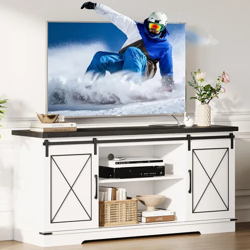 Miniatura 10 de GarveeHome Soporte de TV de granja para TV de hasta 65 pulgadas y centro de entretenimiento con puertas corredizas de granero y estante ajustable
