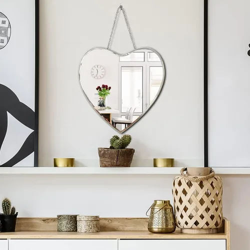 Miniatura 6 de QMDECOR Espejo en forma de corazón con cadena de hierro para decoración de pared, 12 x 12 pulgadas, para colgar en la pared, cristal real, sin