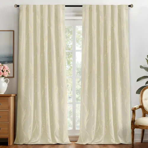 Miniatura 39 de Yakamok Cortinas opacas de 84 pulgadas de largo para sala de estar, con aislamiento térmico, patrón de líneas onduladas doradas, patrón de puntos