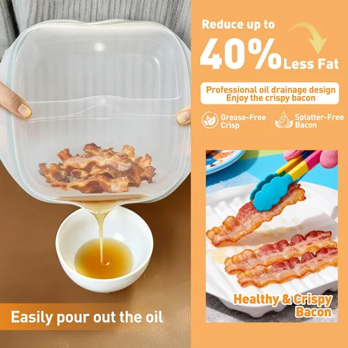 Miniatura 3 de Bandeja para microondas con tapa, cocinador de tocino para microondas, diseño eficiente de drenaje de aceite para tocino más saludable y crujiente