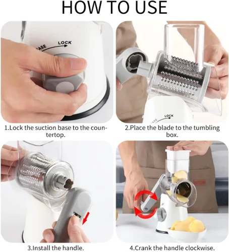 Miniatura 7 de Cambom Rallador de Queso Rotativo Rallador de Queso Manual con Manivela para Queso Fresco, Verduras, Nueces, Base de Succión Antideslizante, Cepillo
