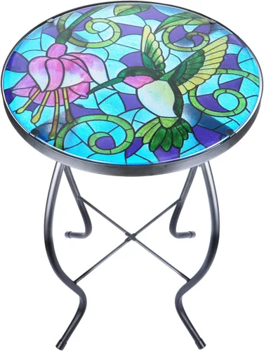Miniatura 16 de VCUTEKA Mesa Auxiliar para Exteriores Mesa Auxiliar de Mosaico Mesa Auxiliar para Patio Mesa Auxiliar Pequeña con Tapa de Vidrio Mesa de Centro