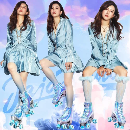 Miniatura 2 de JajaHoho Patines de ruedas para mujer, patines de cuero sintético holográfico azul Very Peri de caña alta, patines cuádruples brillantes de doble