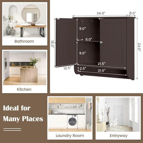 Miniatura 3 de COSTWAY Armario de baño montado en la pared, armario de almacenamiento sobre el inodoro con toallero, 2 puertas y estante ajustable, gabinete