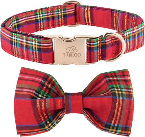Miniatura 8 de Collar de Navidad para perro Tunkoo con elegante corbatín, collar suave y cómodo de algodón ajustable, hebilla de metal premium para cachorros