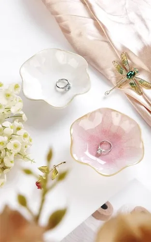 Miniatura 2 de 2 piezas de plato con forma de hoja de loto, cuenco pequeño para llaves, bandeja de cerámica para joyas, organizador de collares, aretes para mamá