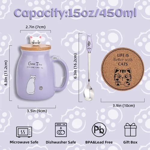 Miniatura 4 de Juego de 2 Tazas de Gato Lindas Juego de Tazas de Té de Gato Taza de Café de Cerámica con Tapa Kawaii y Cuchara Tazas Lindas para Mujeres Niñas