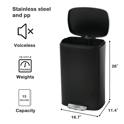 Miniatura 6 de Cubo de basura de acero inoxidable de 13 galones con tapa y cubo interior extraíble, cubo de basura de alta capacidad para cocina, dormitorio, Negro