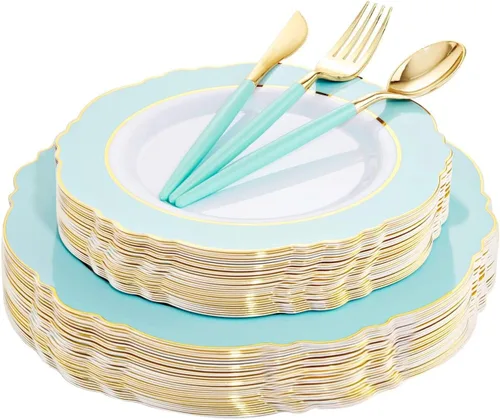 Miniatura 22 de WDF - Vajilla de plástico desechable para 30 invitados platos color oro y cubiertos color oro con mango blanco - Vajilla de plástico barroco blanco