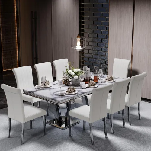 Miniatura 3 de ACEDÉCOR Mesa de comedor, mesa de comedor rectangular moderna de 78 pulgadas para 6-8 personas, parte superior de textura gris y base geométrica