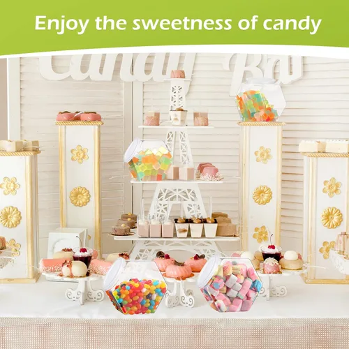 Miniatura 7 de Hoolerry 16 tarros de plástico para dulces de 30 onzas con tapas, recipiente hexagonal para dulces, bufé, galletas, aperitivos, regalos