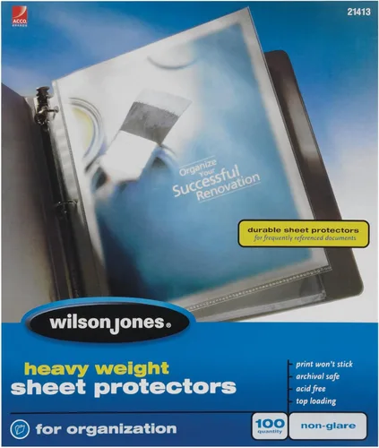 Miniatura 3 de Wilson Jones Protectores de hojas, peso pesado, carga superior, transparente, 100 hojas/caja (W21411)