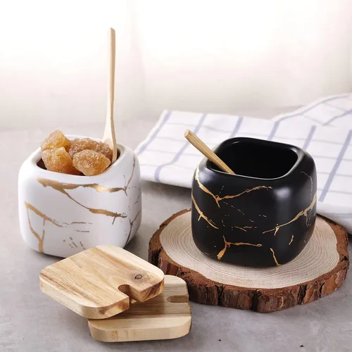 Miniatura 7 de VanEnjoy Recipientes de cerámica con patrón de mármol decorativo para azúcar y especias, tarro de porcelana con tapa y cuchara de bambú, recipiente