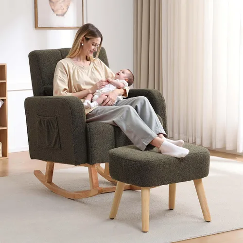 Miniatura 21 de HCHAIRH Mecedora para guardería con otomana, mecedora tapizada con respaldo alto y bolsillo lateral, sillón con patas de madera maciza para Gris
