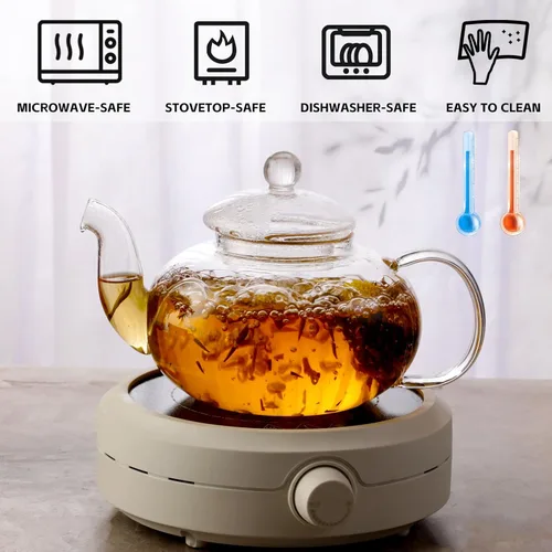 Miniatura 6 de Juego de teteras de vidrio, 40 onzas/40.6 fl oz, hervidor de té de vidrio seguro para estufa con infusor extraíble y calentador de té, tazas de té